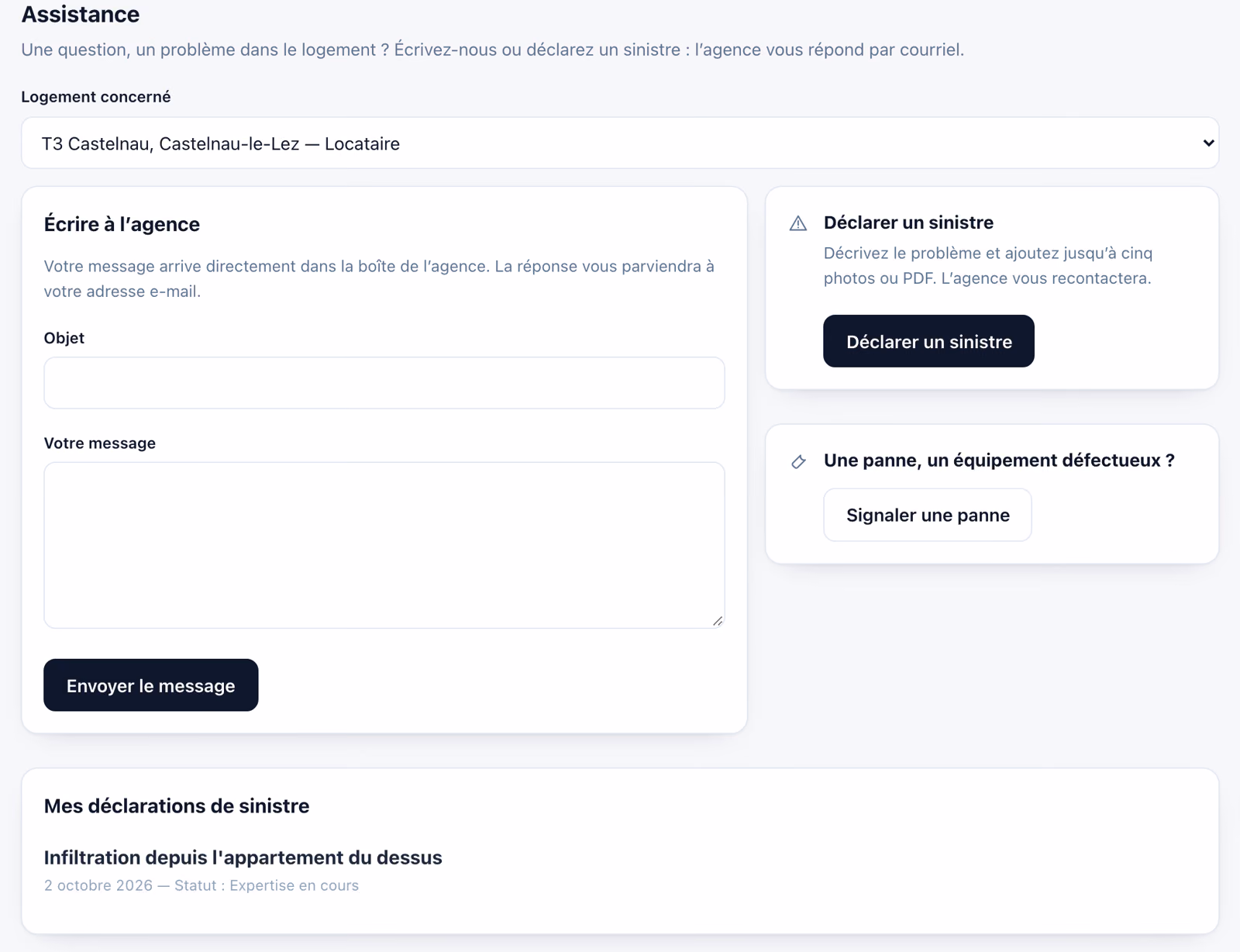 Déclaration et suivi d'un sinistre : infiltration depuis l'appartement du dessus, expertise en cours