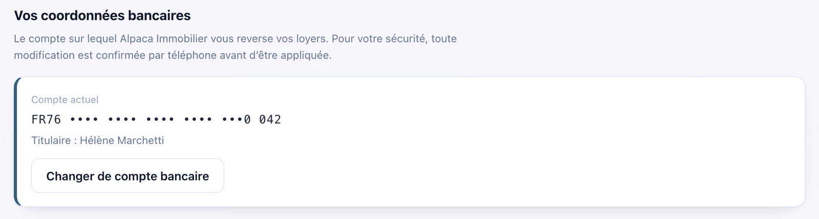 Coordonnées bancaires du propriétaire, IBAN masqué et dépôt d'un nouveau RIB