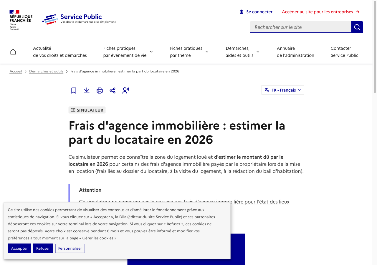 Simulateur officiel des frais d'agence payés par le locataire sur service-public.gouv.fr