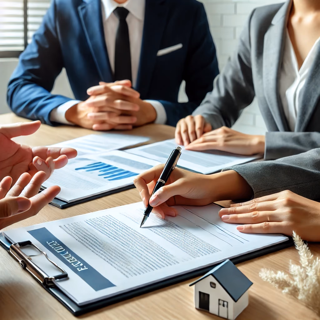 Signature professionnelle d'un contrat immobilier avec maquette de maison