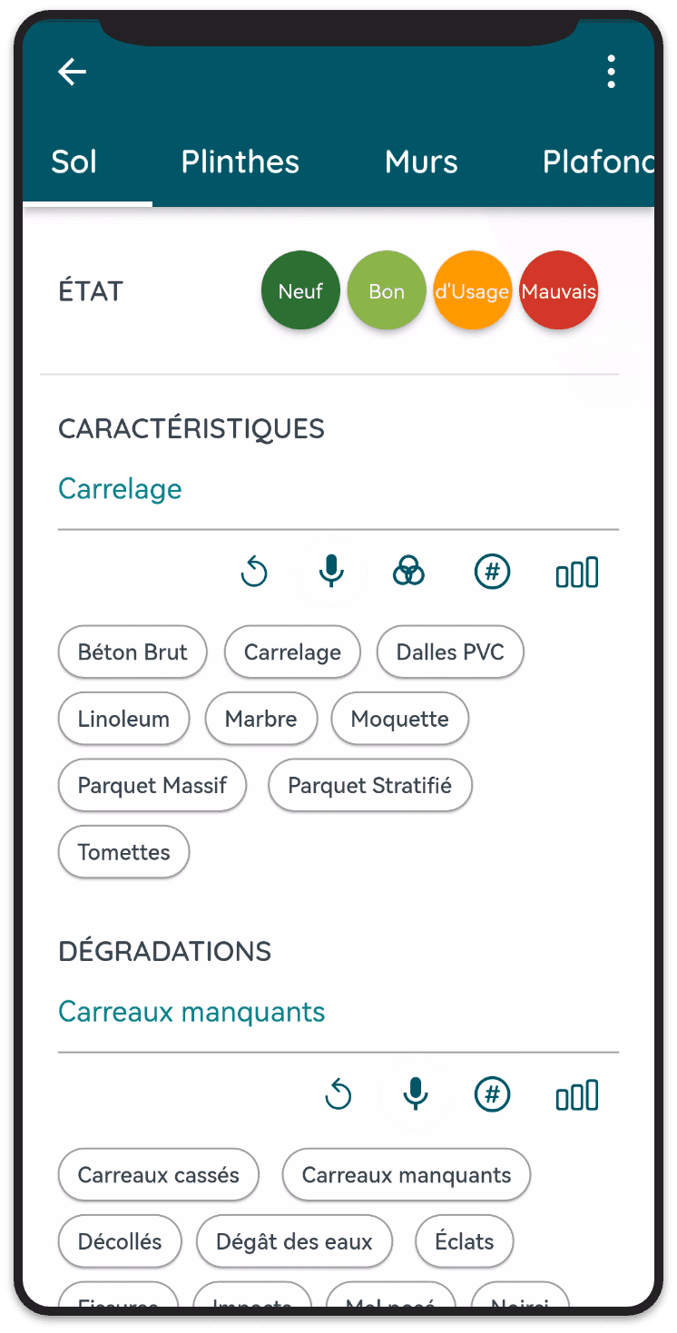 Saisie de l'état et des dégradations d'un sol dans l'application d'état des lieux EDOUARD
