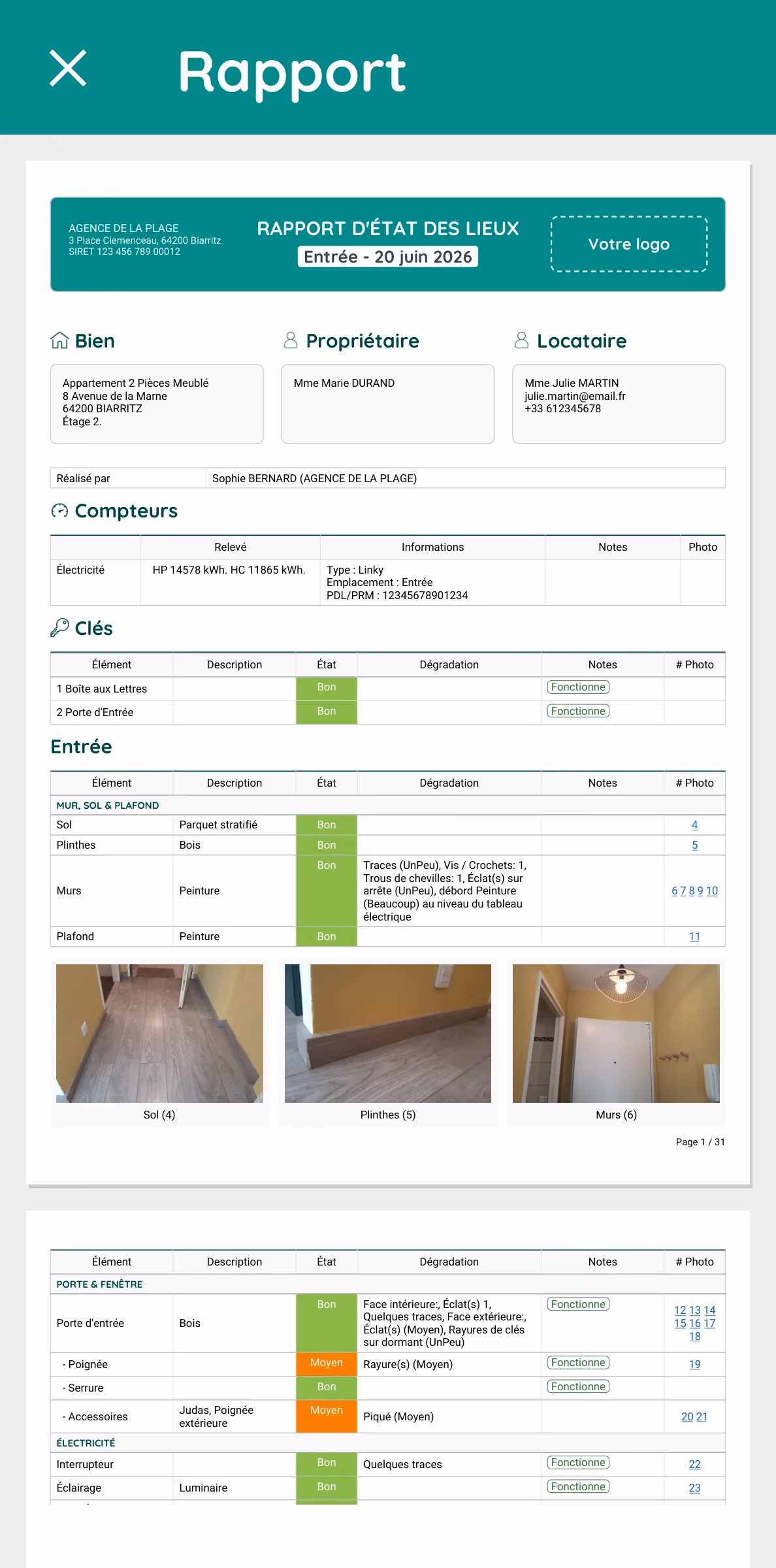 Rapport d'état des lieux d'entrée avec photos par élément dans l'application EDOUARD