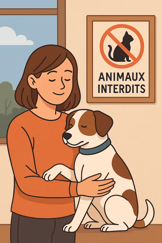 Woman holding a dog inside under a sign indicating animals not allowed.