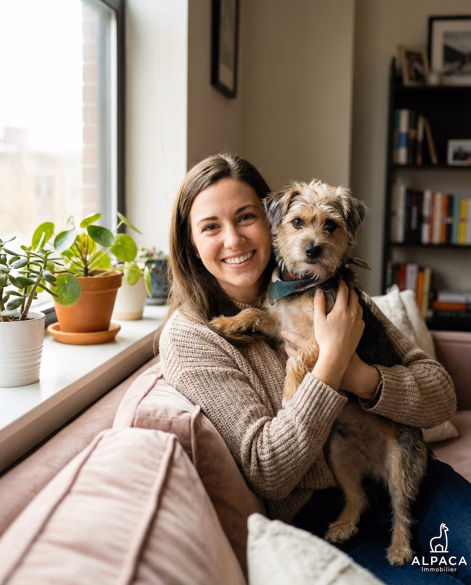 Woman sitting on pink sofa holding a small dog with plants on window sill and bookshelf.