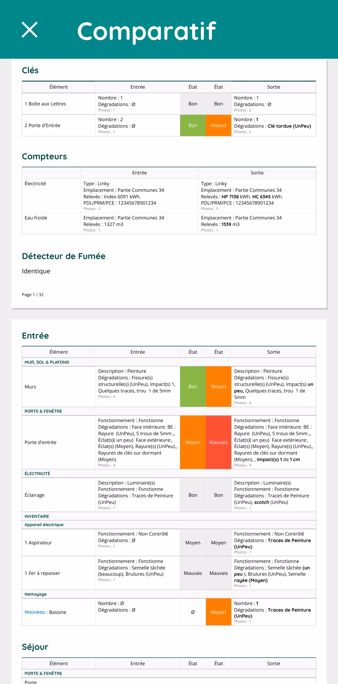 Comparatif entre l'état des lieux d'entrée et l'état des lieux de sortie d'un logement
