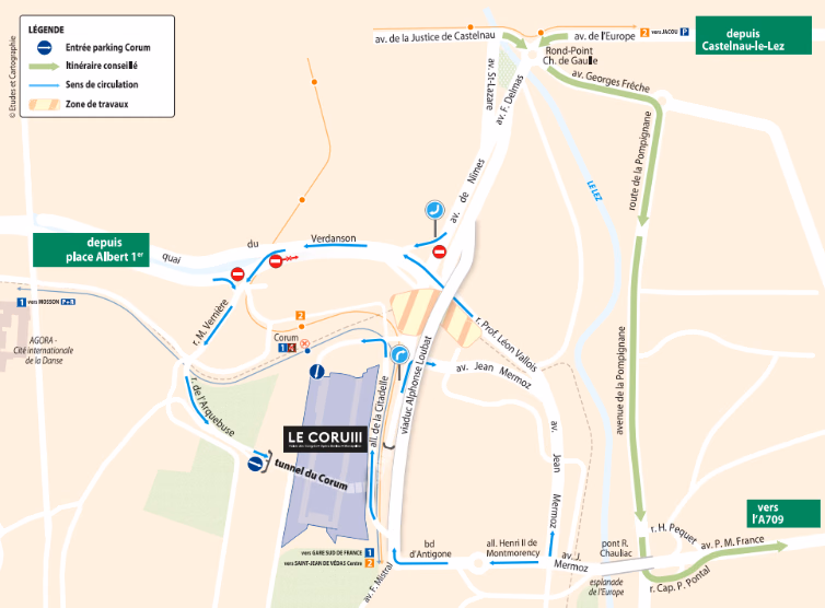 Plan de circulation automobile autour du Corum pendant les travaux du tramway, avec les itinéraires conseillés vers le parking Corum