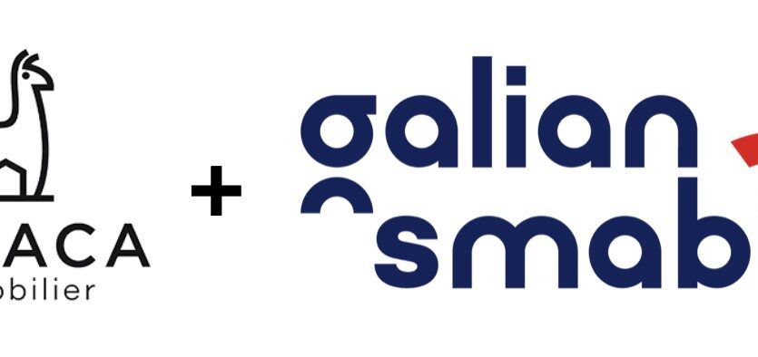 Logo d'Alpaca Immobilier et logos combinés de Galian et SMABTP avec signe plus central.