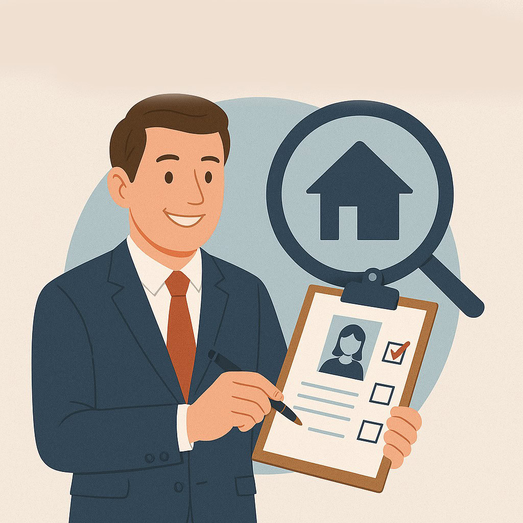 Homme en costume tenant une planchette avec fiche d'identité et loupe avec icône de maison.