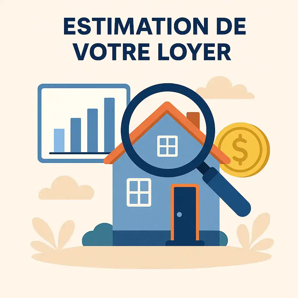 Estimation de loyer avec maison, loupe, graphique et pièce de monnaie.