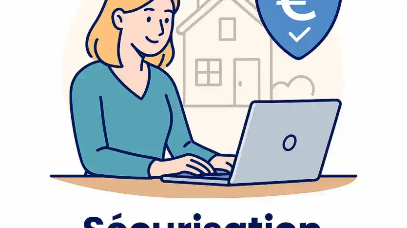 Femme avec ordinateur portable, maison en arrière-plan, bouclier euro et texte sécurisation des loyers.