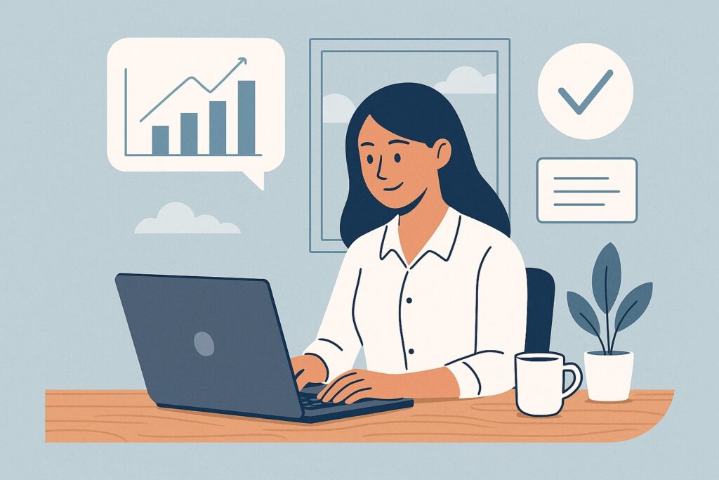 Femme travaillant sur un ordinateur portable avec graphiques de croissance et icône de validation.