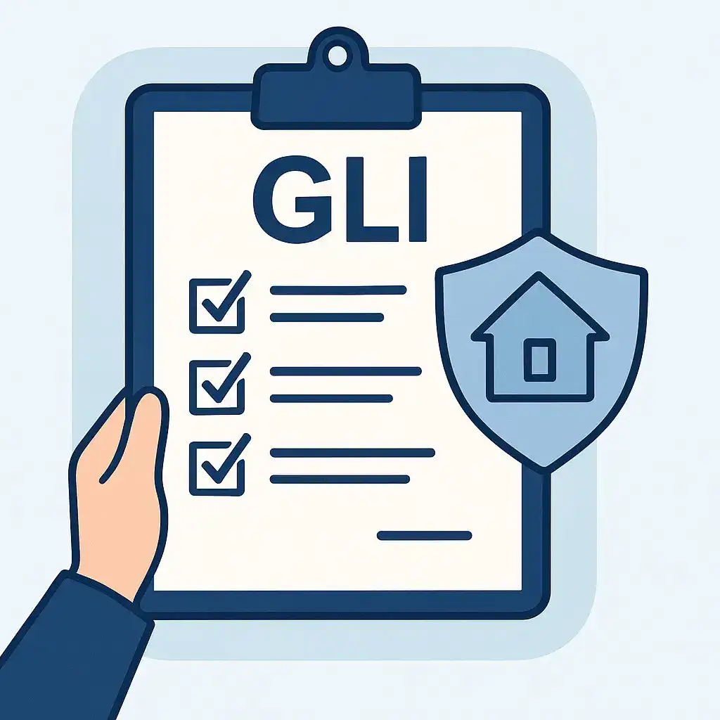 Main tenant un clipboard avec titre GLI, trois cases cochées et bouclier avec icône maison.