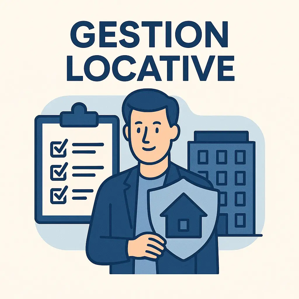 Illustration d'un homme tenant un bouclier avec une icône de maison, avec en arrière-plan un clipboard à cocher et un immeuble, sous le titre "Gestion locative".