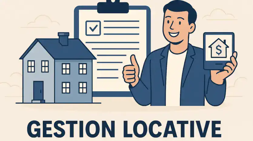 Homme montrant une tablette avec un symbole maison dollar, maison et checklist gestion locative.