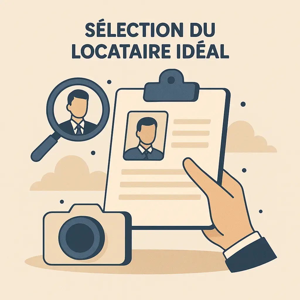 Illustration de la sélection d'un locataire avec dossier, loupe sur portrait et appareil photo.