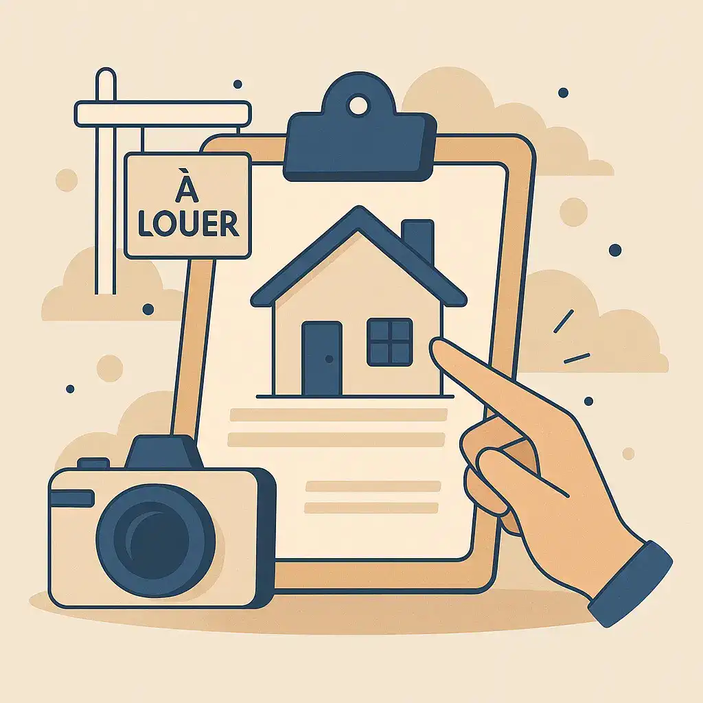 Document avec photo d'une maison à louer, panneau à louer, appareil photo et main pointant.