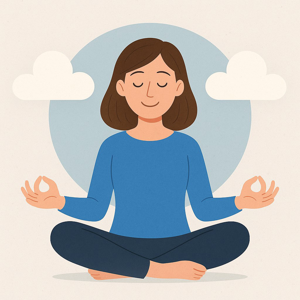 Personne assise en tailleur en méditation avec un cercle bleu et deux nuages en arrière-plan.