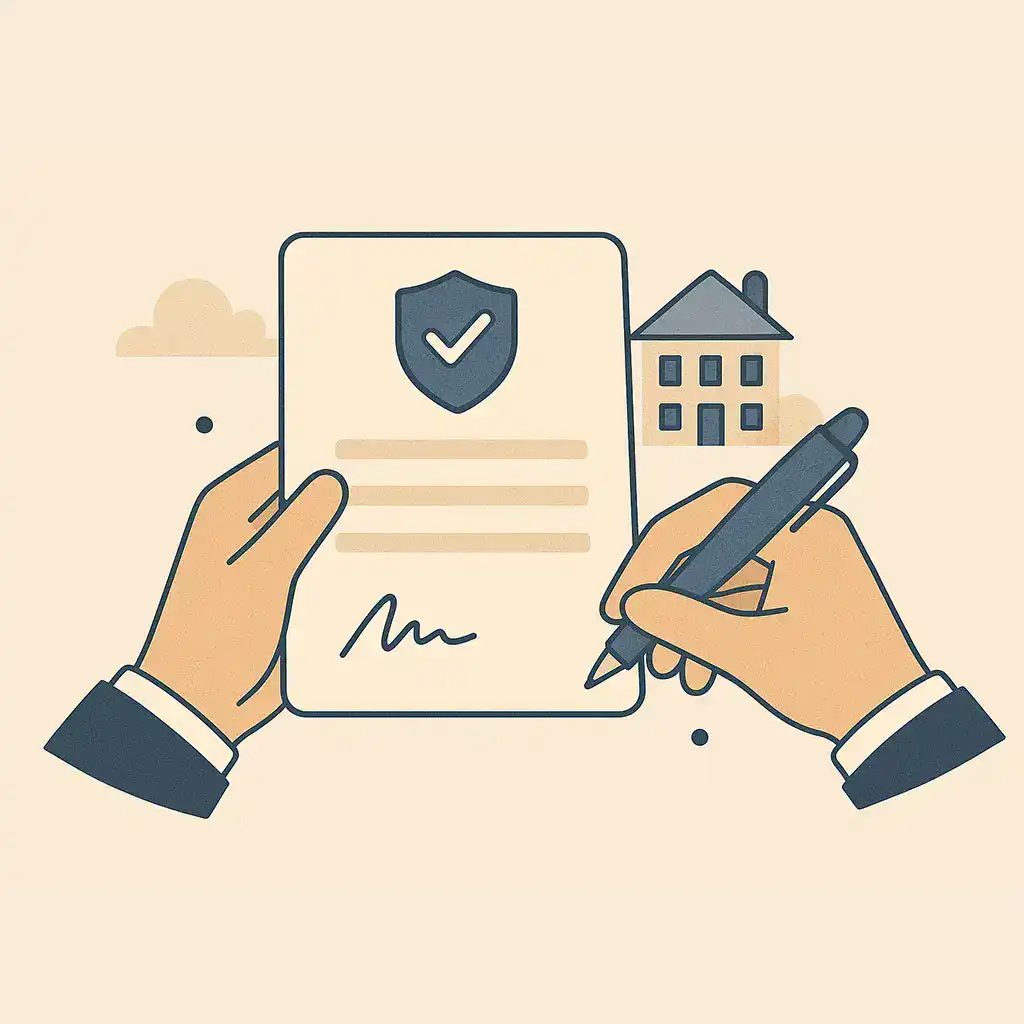 Deux mains signant un document d'assurance avec un symbole de bouclier et une maison en arrière-plan.