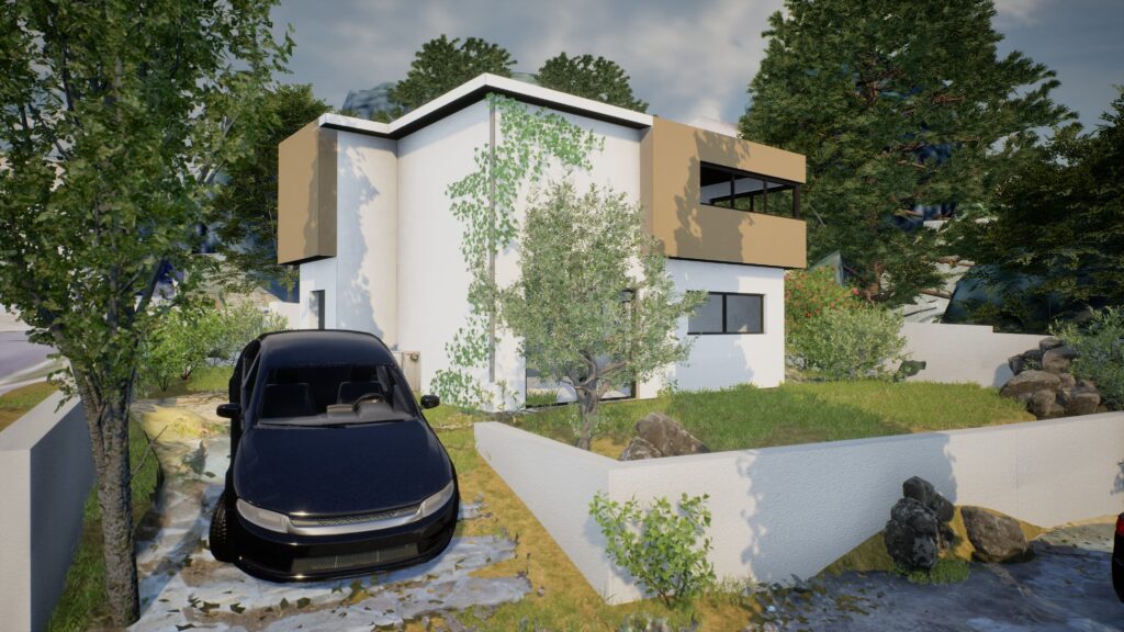 Maison moderne à deux étages avec murs blancs et beige, jardin et voiture noire sur allée en pierre.