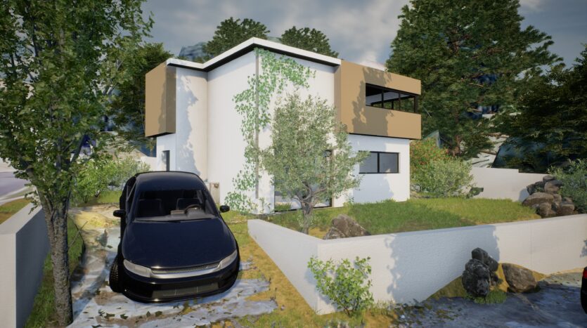 Maison moderne deux étages blanche et beige avec jardin, allée gravier et voiture noire stationnée.