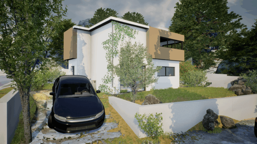 Maison moderne blanche à deux étages avec terrasse marron clair, jardin et voiture noire.