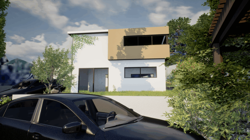 Maison moderne deux niveaux blanche et beige entourée de végétation avec deux voitures noires stationnées.