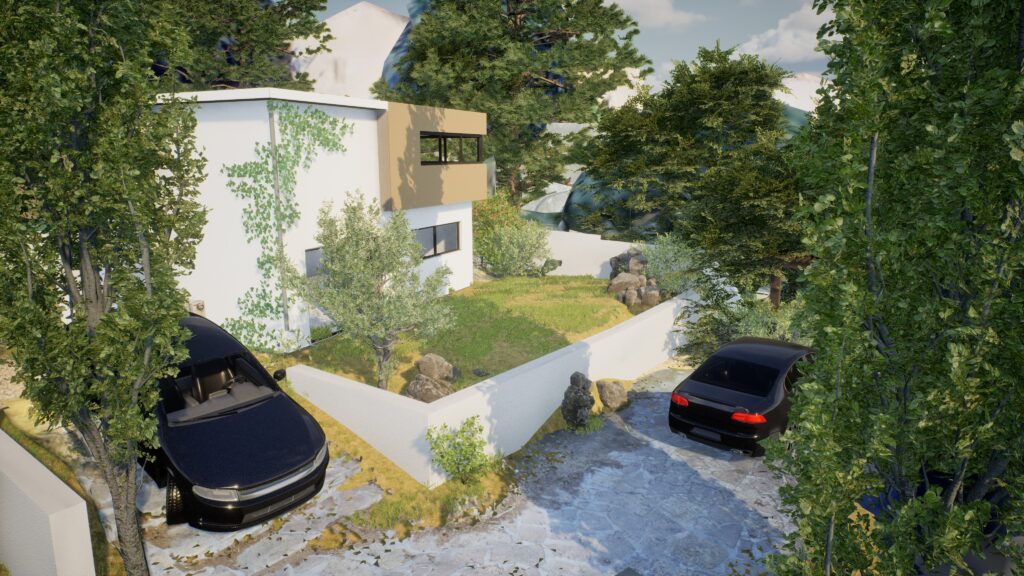 Maison moderne blanche avec jardin clos, arbres et deux voitures noires sur allée en pierre.