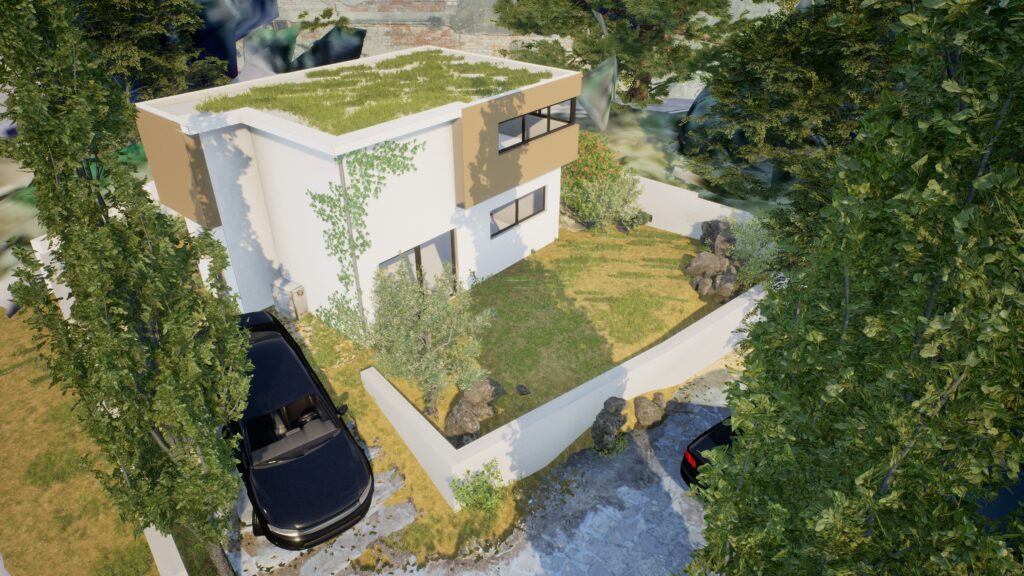 Maison contemporaine avec toit végétal, jardin clôturé et deux voitures sur allée en pierre.