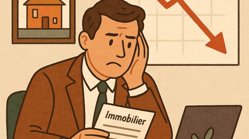 Homme en costume au bureau lisant un document immobilier avec graphique en baisse et photo de maison.