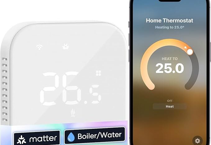 Thermostat connecté affichant 26,5 °C avec application mobile réglée à 25,0 °C en mode chauffage.