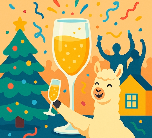 Lama levant un verre de fête devant un sapin de Noël, des confettis et des silhouettes en fête.