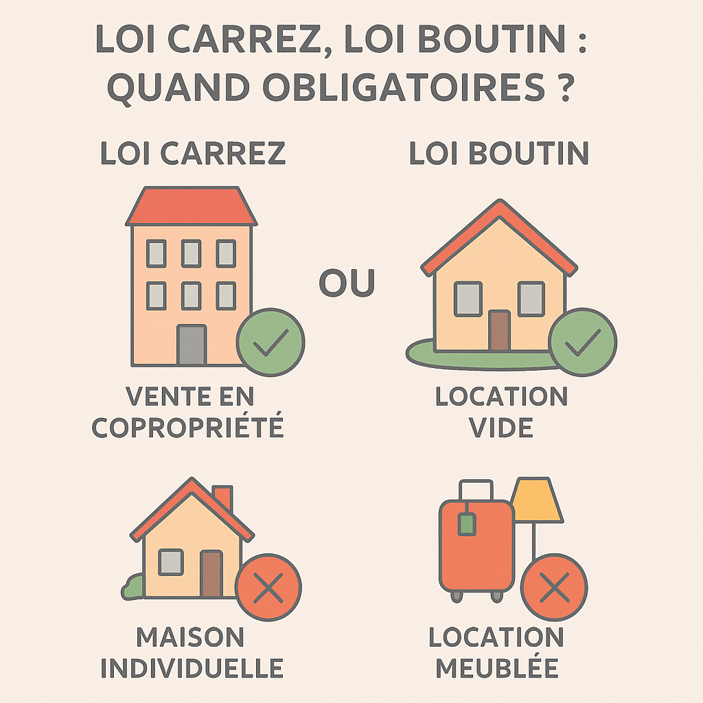 Obligations des lois Carrez et Boutin selon vente copropriété et type de location.