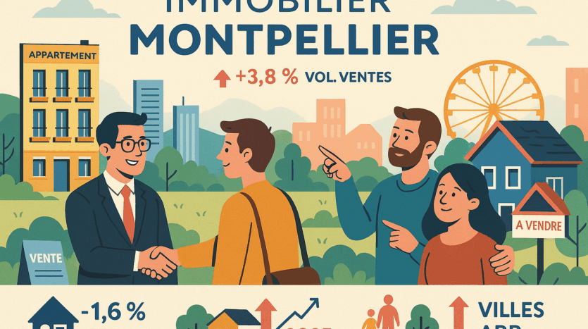 Marché immobilier à Montpellier avec volume ventes +3,8%, prix -1,6%, hausse arrivées en 2025.