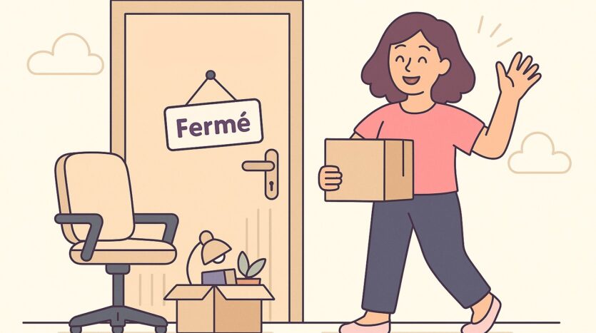 Personne quittant un bureau fermé avec une boîte, chaise, lampe et plante à côté.