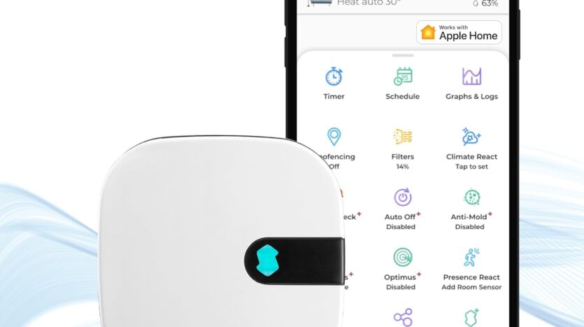 Appareil Sensibo pour climatisation avec interface mobile affichant minuterie, calendrier, graphiques et réglages.