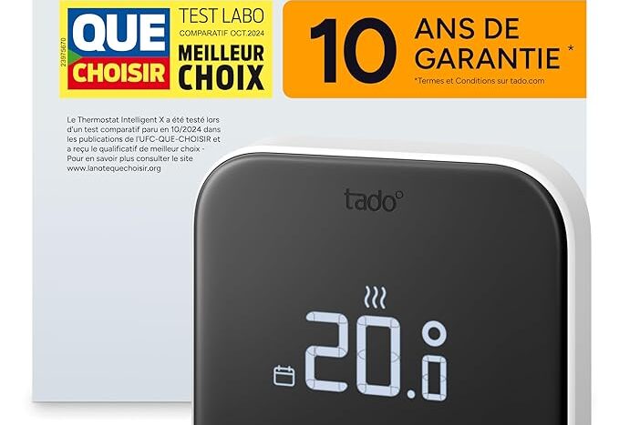 Thermostat intelligent Tado° X avec écran numérique à 20°C et emballage UFC-QUE CHOISIR Meilleur choix 10 ans garantie