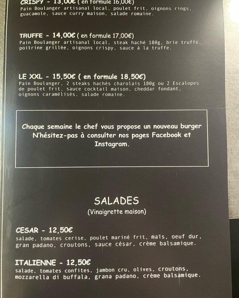 Menu de burgers et salades avec descriptions des ingrédients et prix en euros.