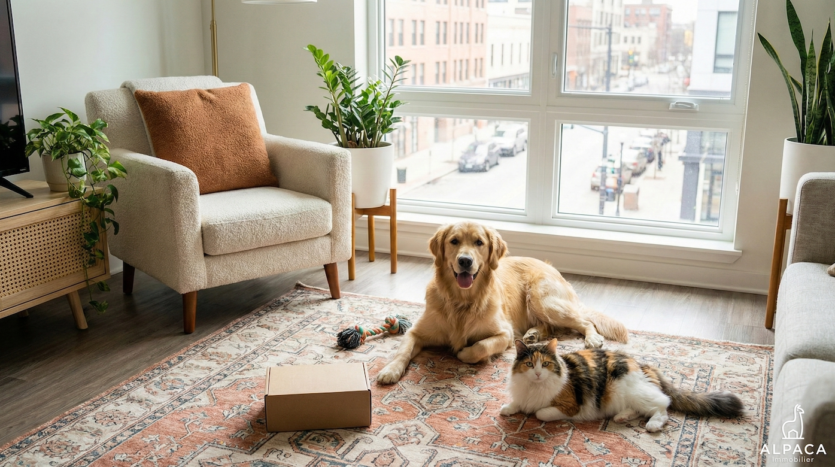 Chien Golden Retriever et chat tricolore allongés sur un tapis dans un salon lumineux avec fauteuil et plantes.