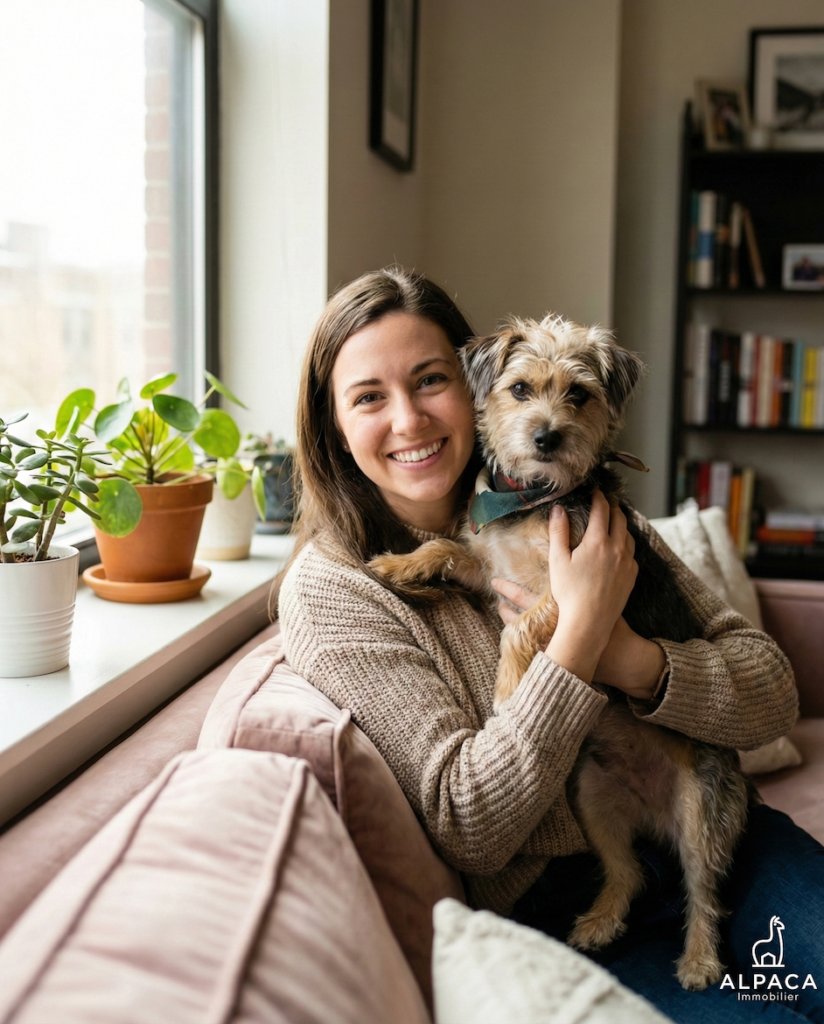 Femme assise sur canapé rose tenant un petit chien avec plantes sur rebord de fenêtre et bibliothèque.