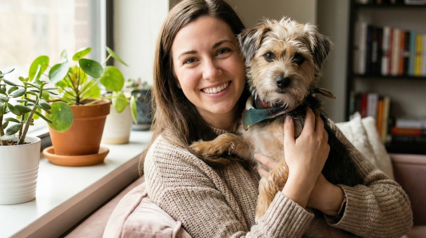 Femme assise sur canapé près d'une fenêtre avec plantes, tenant un petit chien.