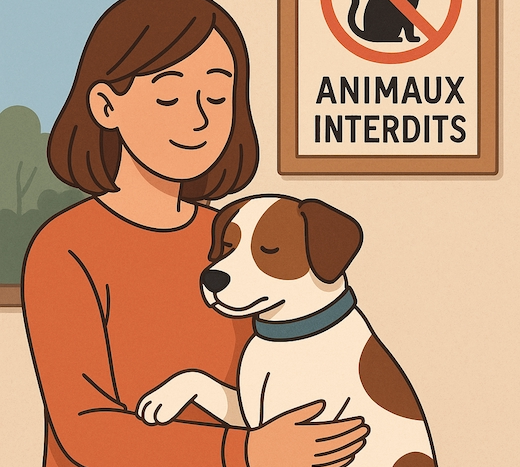 Femme tenant un chien près d'un panneau indiquant animaux interdits dans une pièce.