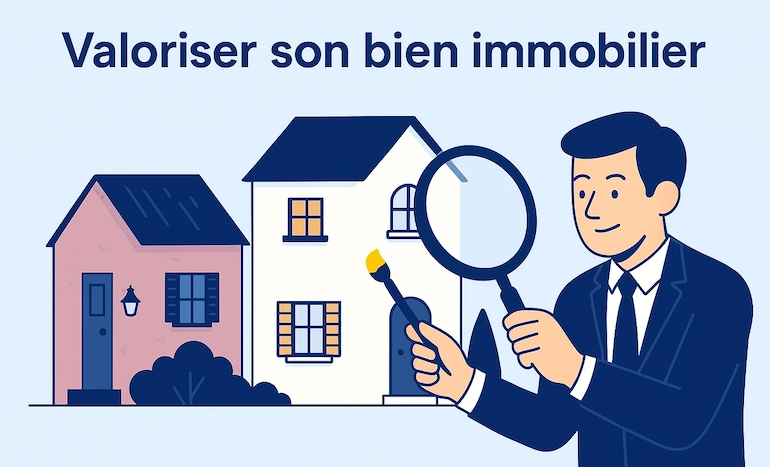 Homme en costume examinant une maison avec loupe et pinceau pour valorisation immobilière.