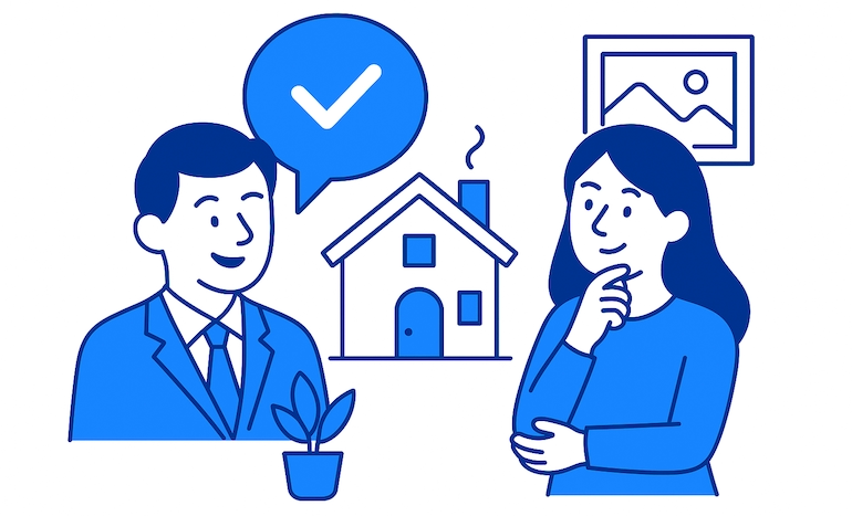 Homme en costume et femme discutant d'une maison avec bulle de dialogue contenant une coche.