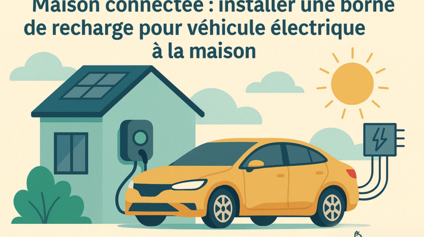 Maison avec panneau solaire et borne de recharge pour voiture électrique connectée au domicile.