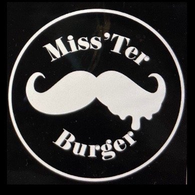 Logo circulaire noir avec moustache blanche stylisée et texte Miss'Ter Burger en blanc.