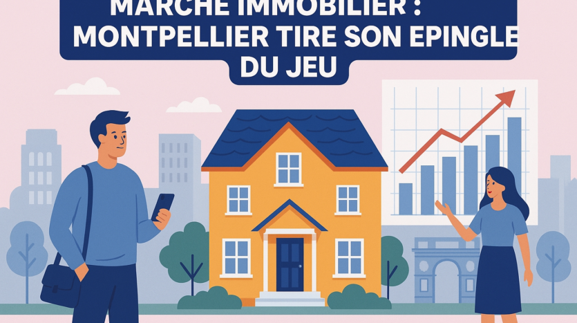 Homme et femme autour d'une maison devant un graphique montrant la hausse du marché immobilier à Montpellier.