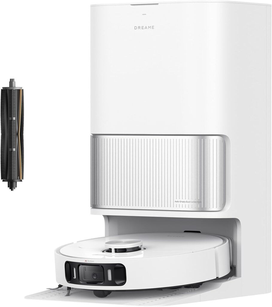 Station de vidage automatique blanche pour aspirateur robot avec rouleau brosse détachable.