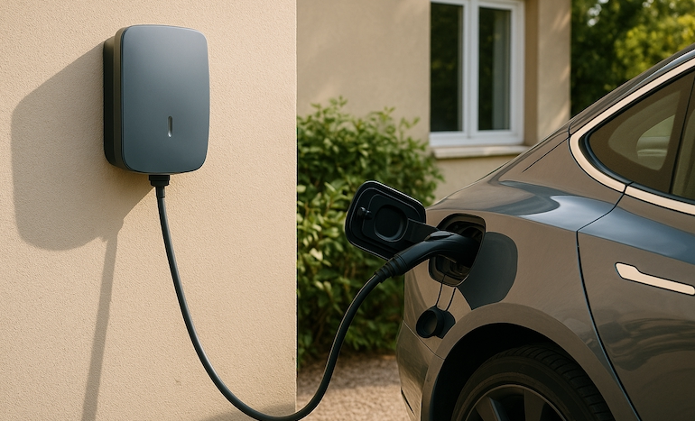 Voiture électrique en charge sur une borne murale extérieure connectée au véhicule.