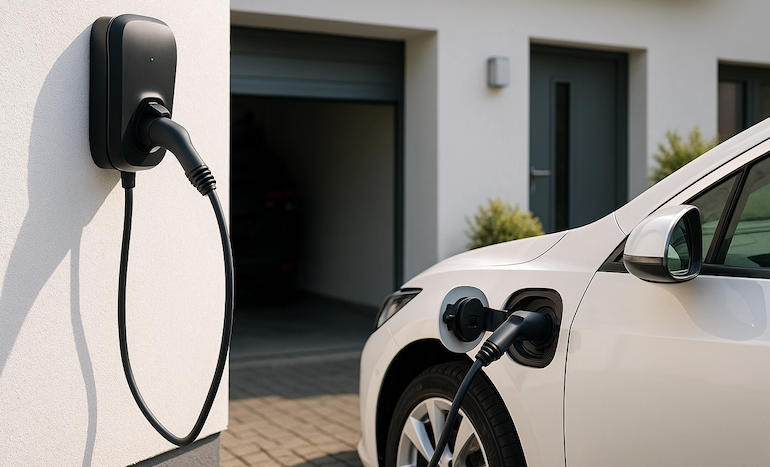 Voiture électrique blanche en charge sur une borne murale extérieure près d'un garage.