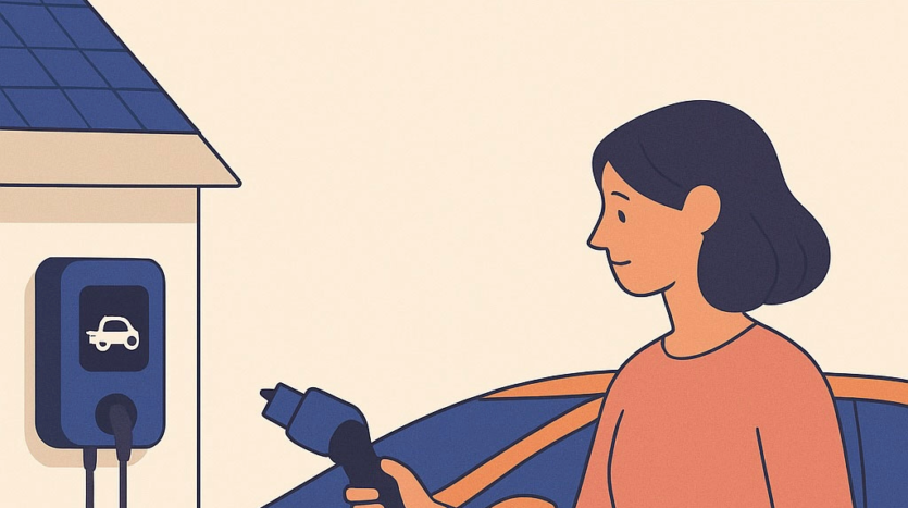 Femme tenant un câble de recharge devant une voiture électrique orange garée à une maison.